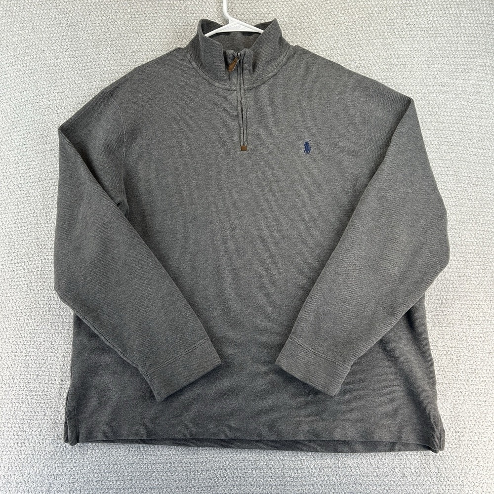 Polo Ralph Lauren Sweater Mens XL Gray Ribbed 1/4 Zip Casual Preppy Knit Logo